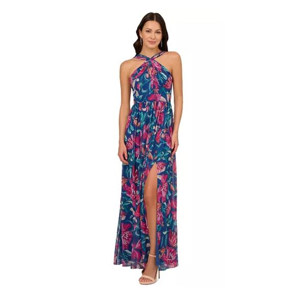 Adrianna Papell Dresses & Skirts - Adrianna Papell Navy Multi Floral Printed Chiffon Halter Gown Sz.4 NWT